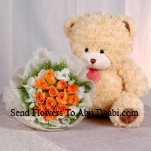 12 Orange Roses with Cute Teddy Bear